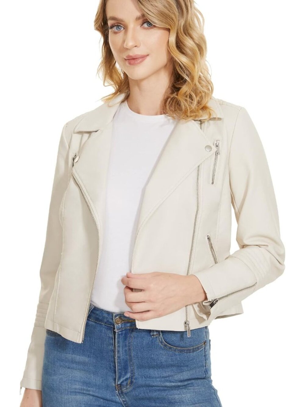 Women's White Faux Leather Lightweight Moto Biker Coat Long Sleeves Vegan Jacket